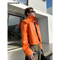 Mauroicardi Spring Autumn Cool Oversized Short Black Orange Soft Faux Leather Jacket Men Zipper Luxury Designer Clothes Fashion