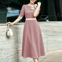 ZANZEA Women Sophisticated Gingham Midi Dress Elegant Bow Detail O-Neck Half Sleeve Contrast-Color Dresses A-Line Robes Femme