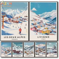 AZNM Vintage European Ski Resort Travel Poster Canvas Wall Art Retro Les Deux Alpes Livigno Zermatt Mountain Landscape Print Unf