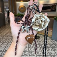 Handmade Camellia Flowers Personalized Heart Keychain Creative Simple Diy Rope Pendant Tassels Trendy Accessory Gifts