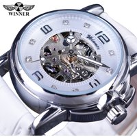 Fashion Winner Top Brand Ladies Diamond Display Women Luxury White Simple Skeleton Transparent Case Automatic Mechanical Watches