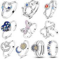 Original Sun Moon Stars Rings 925 Sterling Silver Geometric Lines Ring Women Luxury DIY Jewelry Making Daily Party Festival Gift