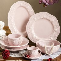 Pink Plate Set Retro Embossed Ceramic Dishes Cup and Saucer Breakfast Milk Mug Soup Plate Kitchen Tableware Housewarming Gift