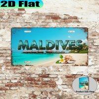 Maldives Tropical Beach Paradise 2D Flat Printing License Plate Style Metal Tin Sign, Exotic Island Themed Decorative Aluminum S