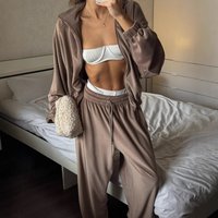 Solid Color Velvet Pants Sets Women Fashion Zipper Hoodie High Waist Drawstring Trousers Two Piece Set Female Autumn Winter New