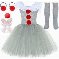 HJTT Girls Horror Clown Costume Kids Grey Red Spooky Clown Tutu Dress for Girls Halloween Carnival Party Scary Dress Up Clothes