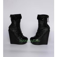 Lady Black Pu Wedges Heel Platform Calf Boots Zipper Black Fall Runway Footwear Buckle Strap Ankle Retro Style Boots Size 34-46