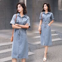 Short sleeved Lace up Denim Dress For women Summer 2025 mid long style Waist cinching Temperament Single breasted Long Dresses