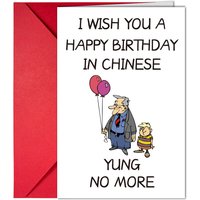 Creative funny birthday greeting card "Never Again Young" - a humorous card with a pun-based message of good wishes. A surprise
