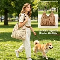 2026 Women's Lazy Style Hollow Woven Straw Tote Bag Travel Shoulder Handbag Beach Crochet Single Bag
