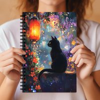 Black Cat Red Lantern Spiral Notebook – Whimsical Floral Lined Journal for Cat Lovers, Students & Office