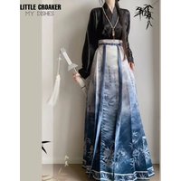 Woman Ming Dynasty Hanfu Horse Face Skirt Chinese Traditional Hanfu Costume Vintage Gradient Black Blue Pleats Skirt