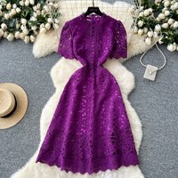 Elegant Ladies Hollow Crochet Lace Dresses Women French Vintage Short Sleeve Slim Solid Midi Dress 2025 Summer Women Clothes