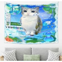 VIKAMA Vaporwave Meme Cat Wall Tapestry Retro Computer Bubble Fish Bohemian Aesthetic Decor Living Room Dorm