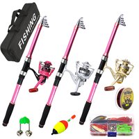 2.7m Pink Fishing Rod Spinning Reel Set Fiberglass Telescopic Spinning Rod Kit with Soft Lures Hooks Line Fishing Gear