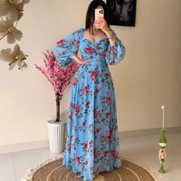 Women's Printed Lace V-neck Long Sleeve Ankle Length Casual Trendy Chiffon Dress Female 2025 Spring Summer American New Fashion