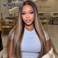 WOWANGEL Ash Blonde Highlight Straight Wig 100% Human Hair Wig Ombre Brown Glueless 13X6 HD Lace Front Wig Pre Plucked For Women