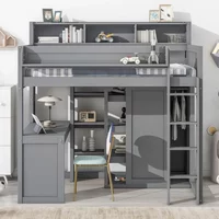 LLit Loft Double Avec Armoire Et Bureau, Lit Loft En Bois Avec Étagères De Rangement,