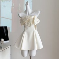 Fashion French One-shoulder Bowtie Dress Elegant Pearl Transparent Strap Dresses Women Zip-up A-Line Dress Evening Party Dress