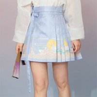 2024 New Fashion Chinese Style Retro Summer Printed Pleated Lace Up Women's Clothing Style Girl Short Ming Made Horse Face Skirt