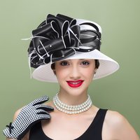 Women’s Black White Church Hat Satin Braid Derby Fascinator – Elegant Wide Brim Tea Party Wedding Hat with Bow & Feather