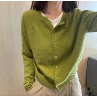 Short cashmere cardigan women's round neck temperament sweater coat avocado green knit top cashmere sweater