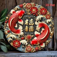Good Luck Koi Fish Wall Decor - 2D Flat Iron 8x8", Dual Red & Black Patterns, Perfect for Home Office Cafe Entrance