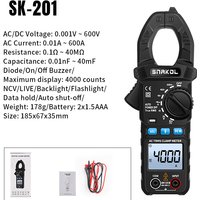 SK-203 Intelligent Clamp Meter 600A AC/DC Current/RMS 35mm Large Diameter Clamp Head Backlight + Flashlight Dual Illumination
