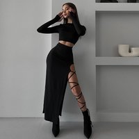Fashionable and sexy women's autumn new solid color casual long-sleeved round neck top slim strap slit skirt suit