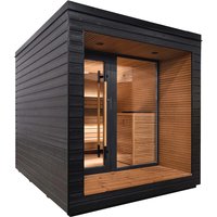Stylishly designed outdoor sauna with all-glass doors for a luxurious family spa experience