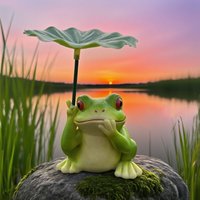 Garden Frog Statue with Lotus Leaf Umbrella Whimsical Resin Frog Figurine Cute Animal Sculpture for Outdoor Patio Garden Decor