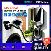 QIAO Smart EV Wallbox 7,4 kW 32 A Typ 2 Wandmontierte EV-Ladestation IEC 62196-2 EVSE Heim-AC-Ladegerät für Elektrofahrzeuge mit APP-, WLAN- und Bluetooth-Steuerung, 5 m Ladekabel mit Kabelhalter für
