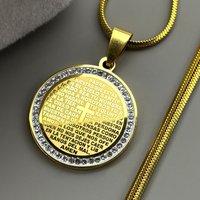 Bible Verse Cross Rhinestones Chain Necklace for Women Men Stainless Steel Spanish Our Father Medal Lord's Prayer Jewelry Gift