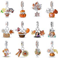 925 Sterling Silver Autumn Series Brown Maple Leaves Scarecrow Squirrel Pumpkin Charms Beads Fit Pandach Bracelets DIY Jewelry