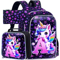 3Pcs Unicorn Backpack, 16” Girls Bookbag with Lunch Box, Kids Elementary School Bag for Kindergarten Preschool Toddler