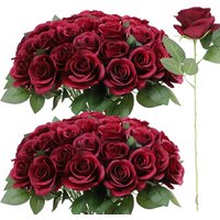 52pcs Burgundy roses artificial flowers 3.5" Big silk roses with Stems for DIY Wedding Bouquets Bridal Shower Party Decorations