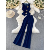 Faionable round Ne Svel Denim Vest Metal Bule Design High Waist Wide Leg Pants Set Women's Spring Casual Outfit