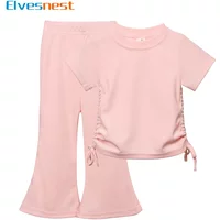 Summer Solid Color Kids Clothes Girls Outfit Set Short Sleeve Tops Pants 2 PCS Casual Children Girl Clothing Set 1-10 Years