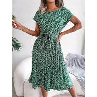 Women Spring Summer Short Sleeve High Waist Chic Dress Fashion Floral Pleated A Line Long Dress