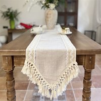 Versatile Table Runner Crochet Macrame Lace Tassels Beige Farmhouse Table Cloth for Dining Room Wedding Handmade Table Decor