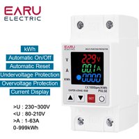 63A 230V Din Rail 3IN1 Display Adjustable Over Voltage Current and Under Voltage Protective Device Protector Relay 220V KWH