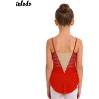 Kids Girls Sparkling Rhinestone Ballet Jazz Dance Leotard Performance Costume Ruched Mesh Sparkling Dress with Built-in Briefs