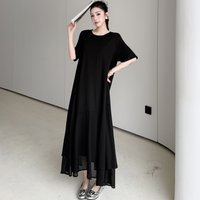 Summer 2026 plus Size Simple Loose Mesh Long Skirt Short Sleeve Little Black Dress Elegant Design Ethnic Women's Clothing