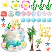 Hawaiian Beach Cake Decorations with Seashells Palm Trees Hibiscus Flower for Tropical Birthday Wedding Party DIY Cake Decor