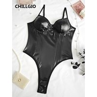 CHILLGIO Women PU Patchwork Black Bodysuit Push Up Spaghetti Straps Romper Sexy Lingеrie Club Tight Jumpsuit Top Hot Sexy Onesie