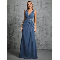 Mgiacy Shoulder deep V-neck silver sequin belt pleated chiffon slit skirt Evening gown Ball dress Party dress Bridesmaid dress