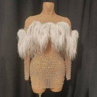 fashion whiteTassel mini dress see though Sexy girl Elastic Crystal Special Occasion Singer Stage Prom Gown Outfit rave festival