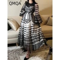 QMQA Fashion Women's Elegant Evening Dresses Round Neck Checkered Sleeve High Waist Mesh Party Dress New Female Clothing 1A374