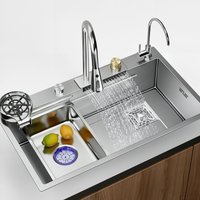 Nano Coated 304 Stainless Steel Kitchen Sink, Large Single Bowl with Waterfall Faucet, Deep Washing-up Basin for Home