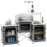 Outsunny Folding Camping Kitchen, Portable Aluminium Camping Table with 3 Fabric Cupboards, Windshield, Light Stand